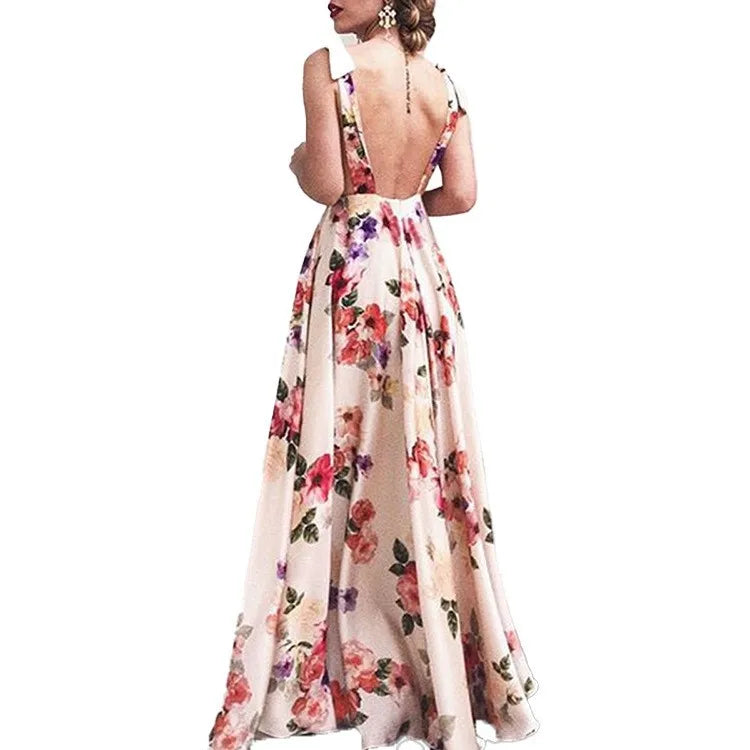 Backless women floral high waist large swing sleeveless long dresse