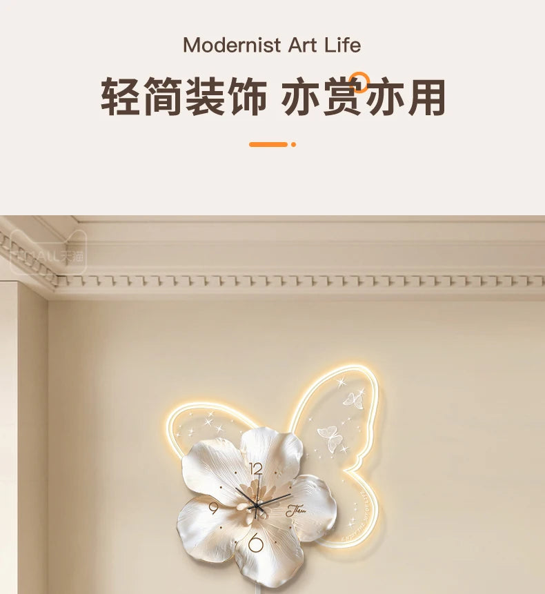 Cream Style Living Room Decoration with LED Light Wall Clock New Home Decor Creative Swinging Clock