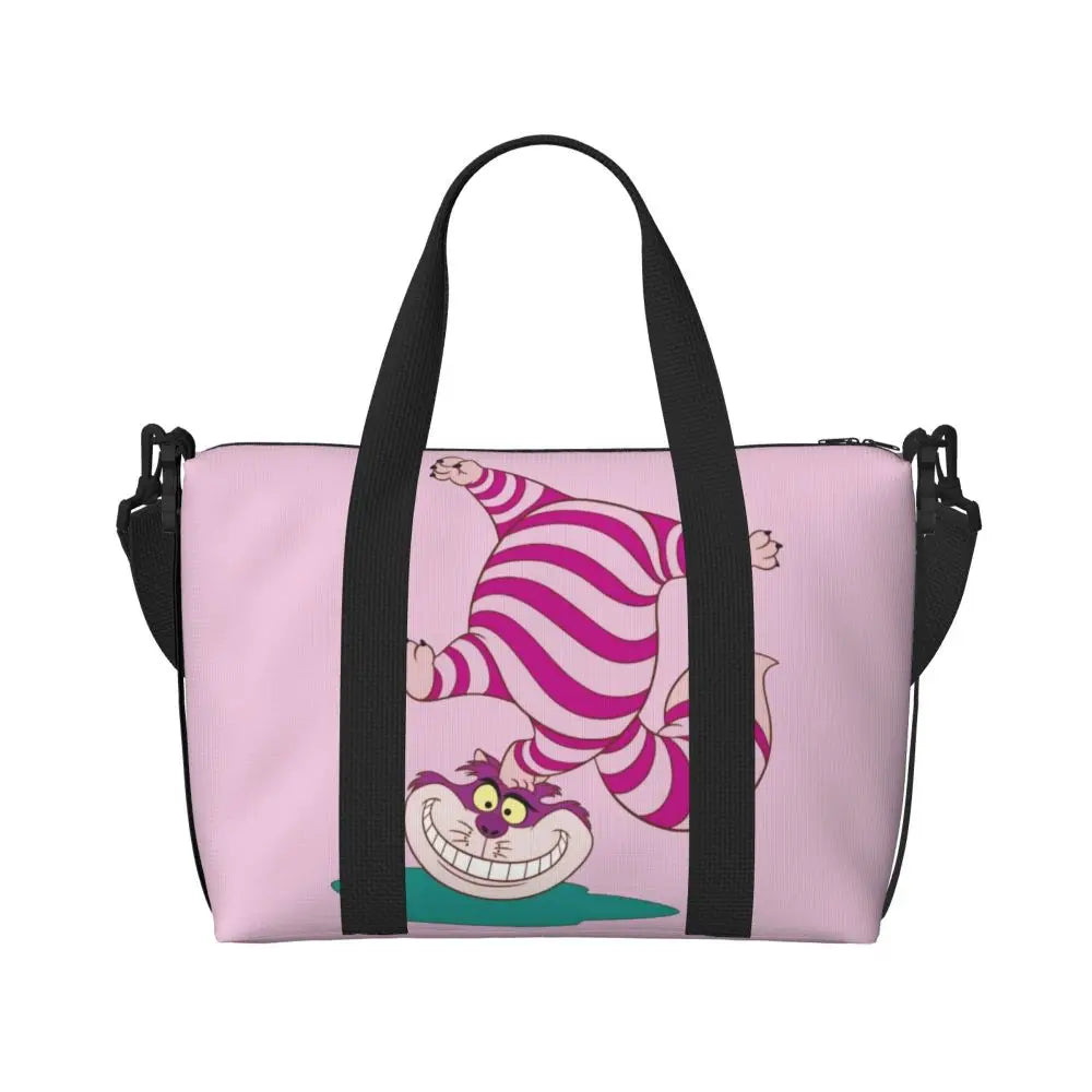 Custom Cheshire Cat Beach Tote Bag for Women We're All Mad Here Cat Big Compartment Gym Beach Travel Bags