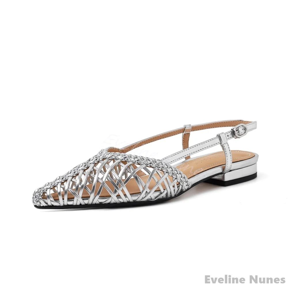 Artistic Hand-woven Thin Belt Sandals Women Summer Pointed Toe Flat Back Strap Hollow Sandals 2025 New Fashion Simple Sandals