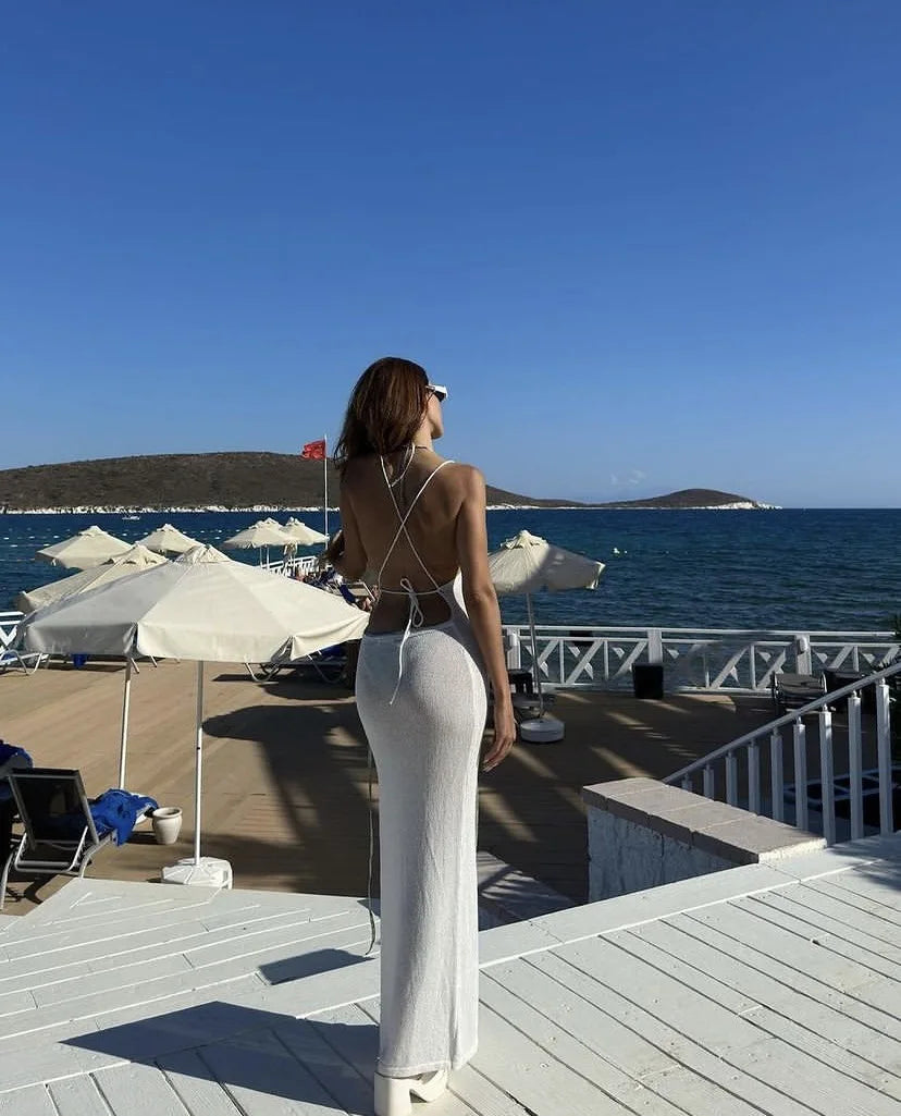 Strandkleid Gestricktes Cover Up Elegant Durchsichtig Maxi Schlitz Bodycon-Schnitt Halter Bikini Cover-Up