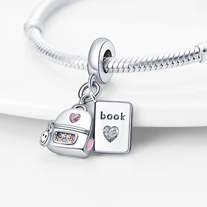Neue 925 Silber Lernhilfe Schultasche Uhranhänger Charms Beads Fit Original Pandora Armband DIY Schmuck Für Frauen 2024
