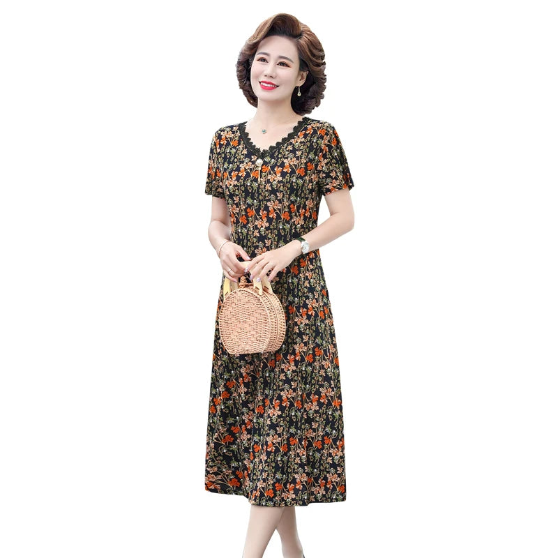 Elegant Women Dress Elegant Casual V-Neck Print Vintage Ladies Mid-Calf High Waist Summer Bohemian Dresses