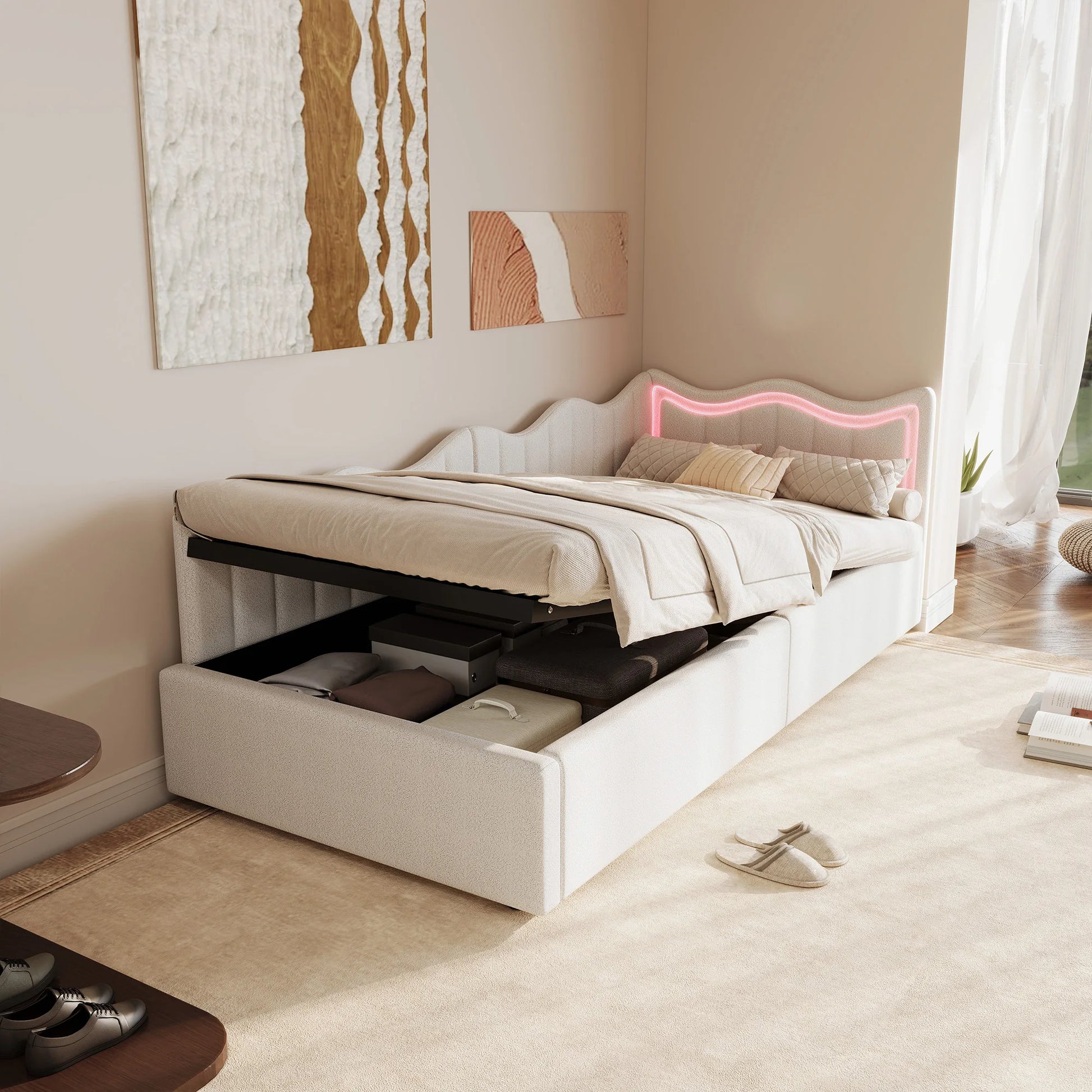 Comanlai Plüsch-Polsterbett Gaslift Stauraumbett - 90x200 LED 7 Farben by Golden Bridge Store