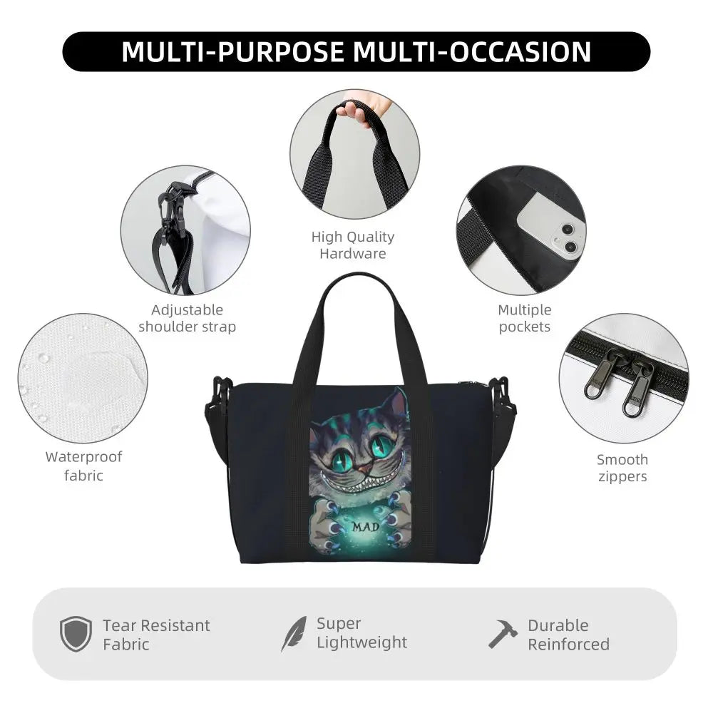 Custom Cheshire Cat Beach Tote Bag for Women We're All Mad Here Cat Big Compartment Gym Beach Travel Bags