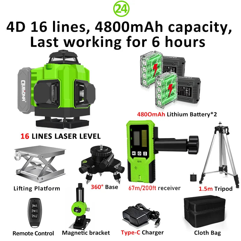 CLUBIONA 16/12 lines Self-leveling Remote Control Outdoor Mode - Receiver Auto 3x360 Green beam Line Laser Level