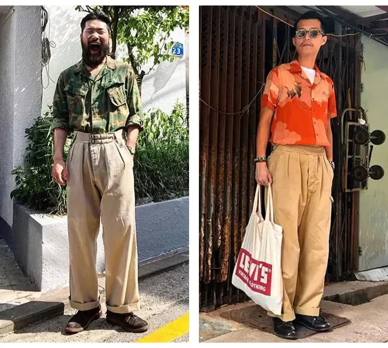 maden adjustable high waist khaki cargo pants vintage style for men