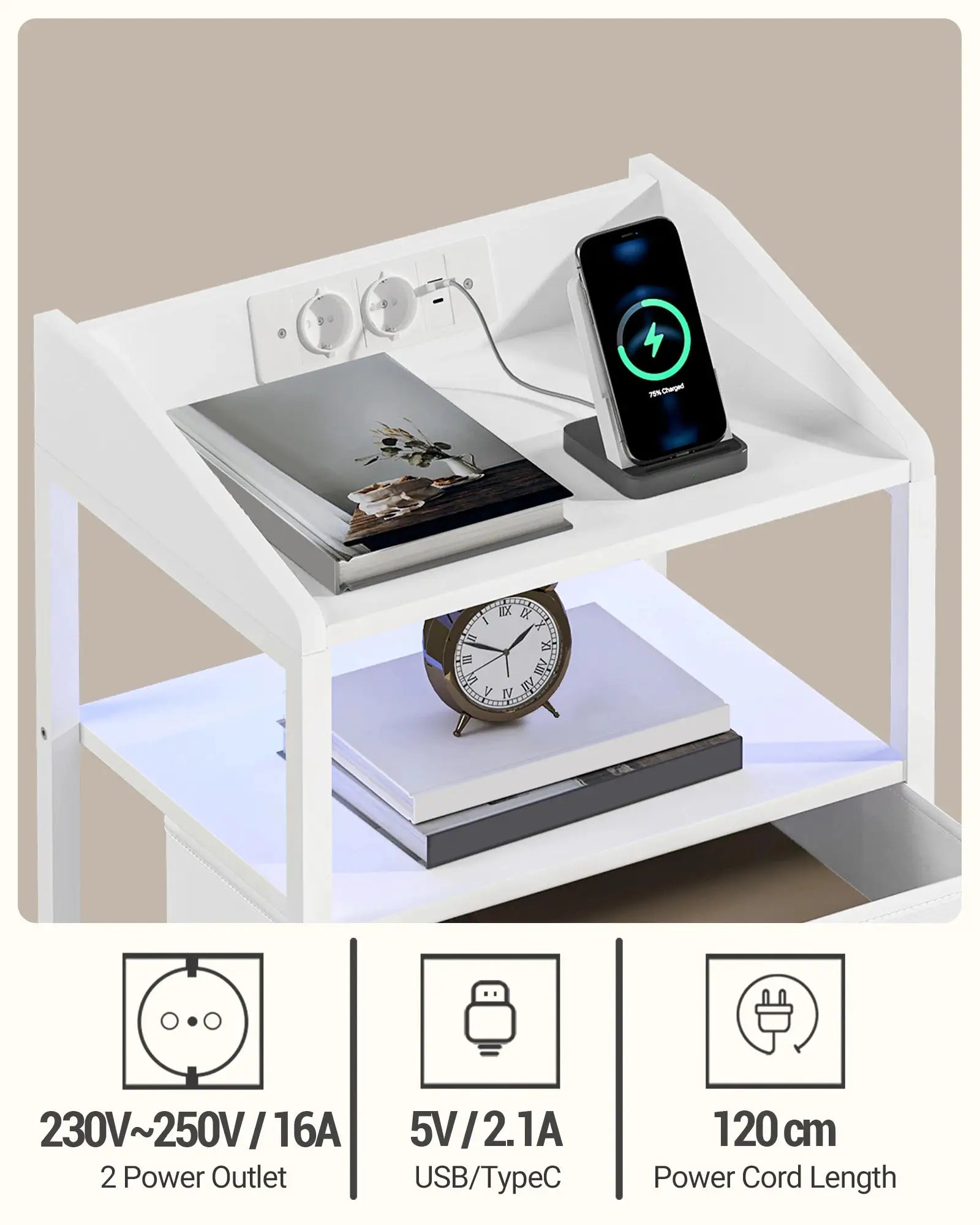 Nachttisch mit LED-Beleuchtung und Ladestation, Beistelltisch mit 2 Stoffschubladen und Ablagen, mit USB-Anschlüssen by Golden Bridge Store