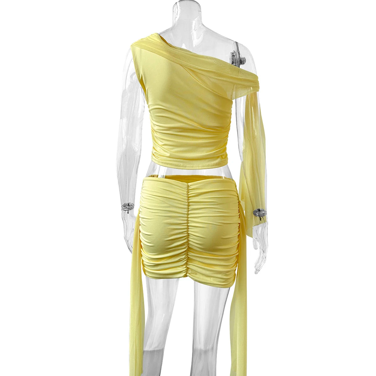 Women's Elegant Temperament Pleated Top and Short Skirt Set, Solid Color Net Sand Diagonal Shoulder Strap, Summer Beach Ou, New