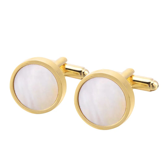Hot Sale Gold Color Pearl Shell Cufflinks Lepton Stainless Steel Round Cufflink for Mens Wedding Business Cuffl Links Gemelos