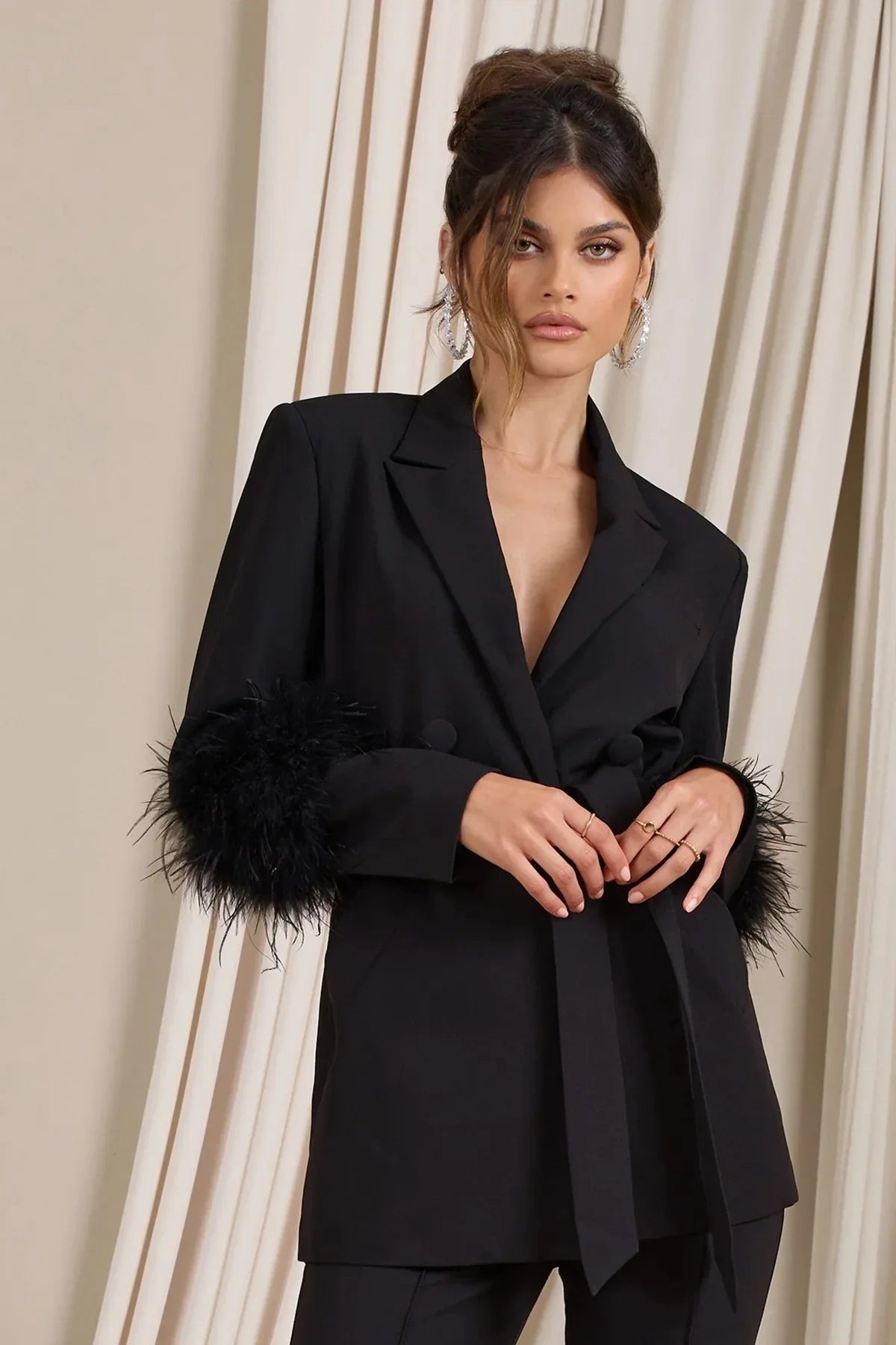 Elegant Women 2 Piece Set Solid Notched Neck Blazer Zipper Long Pants Feather Upright Coat Ladies Suit Fall Winter Office Wear