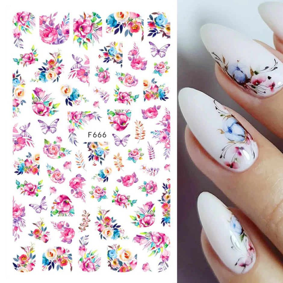 New Spring Fresh Flowers Butterfly 3D Nail Stickers Colorful Laser Butterflies Geometric Pattern Stickers Nail Decoration 1PCS