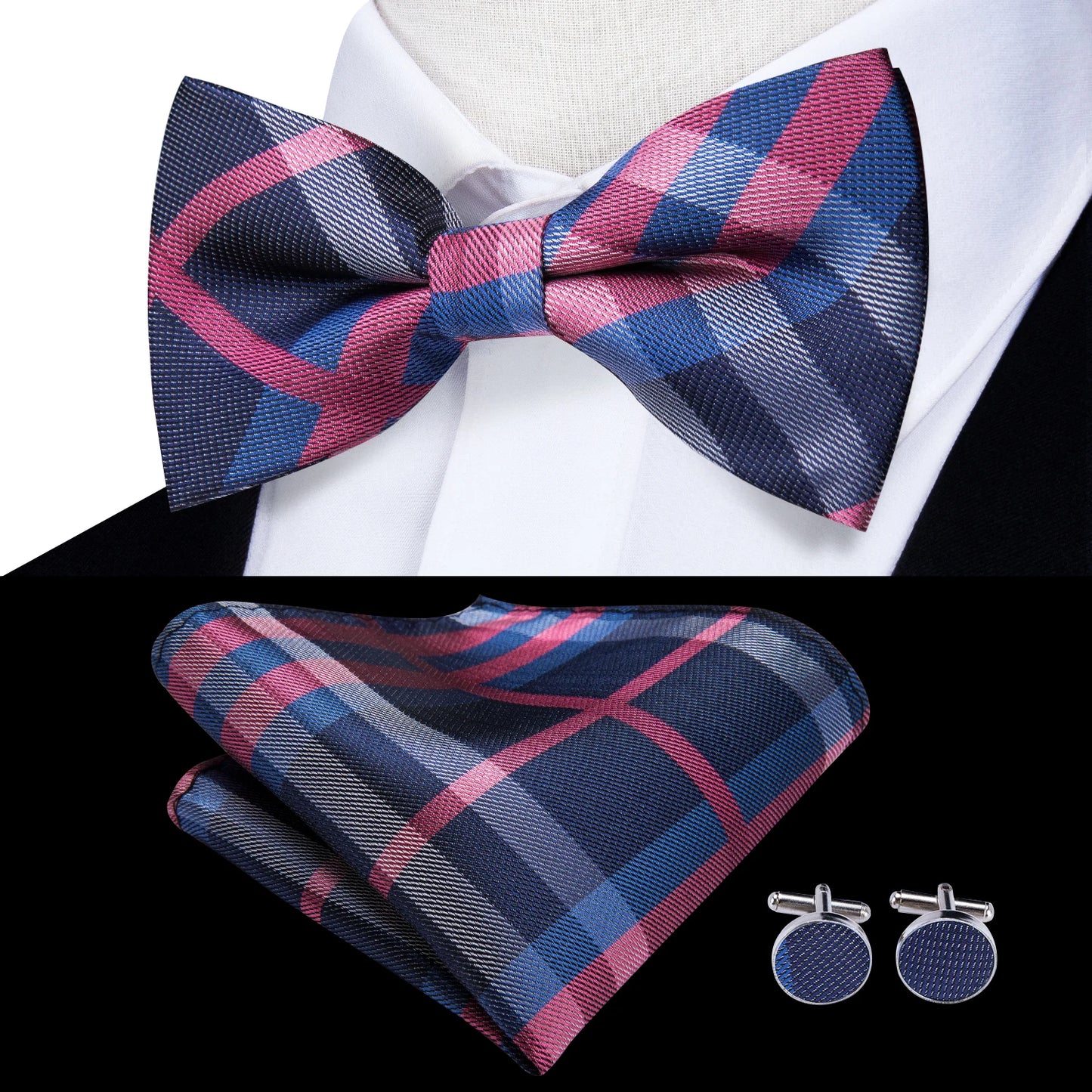 Hi-Tie Peach Pink Salmon Silk Mens Bow Tie Pocket Square Cufflinks Set Pre-tied Butterfly Knot Bowtie for Male Wedding Business