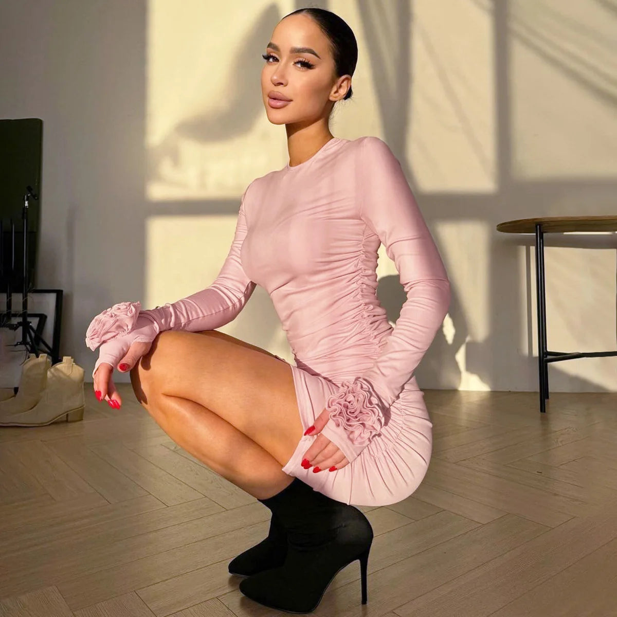 Elegant Woman Clothing Flowers Long Sleeve Party Evening Party Club Short Dress Package Wrap  Autumn  Ruched Mini Dress