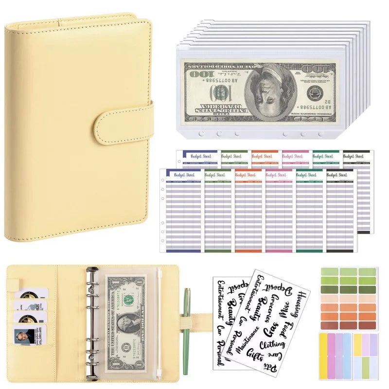 PU Leather Notebook Binder Budget Saving Money Planner Money Organizer for Cash Savings Zipper Envelope Pockets Stickers