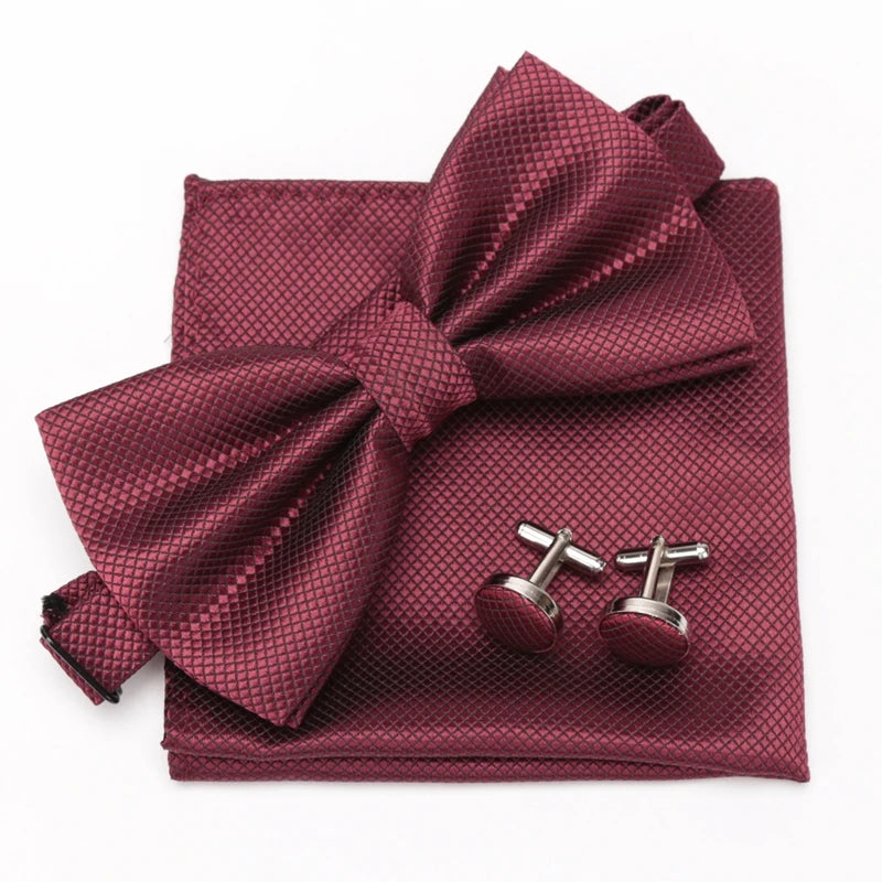 Men Bowtie Set 3pcs Plaids Classic Fashion Wedding Party Formal Cufflinks Bow Tie Handkerchief Cuff Links Lots Three Piece Set