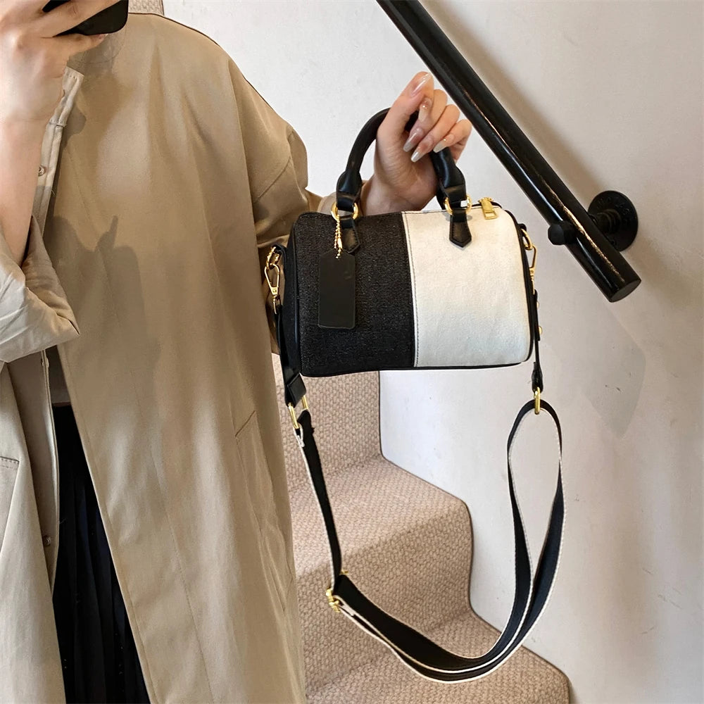 Genți de mână mini cu blocuri de culoare patchwork pentru femei, genți de umăr din denim, genți crossbody, geantă casual de stradă mică, geantă Boston, 2024, poșete de designer