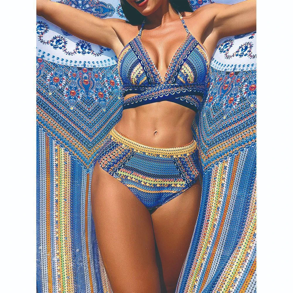 Vintage National Bikini: CXTAQV Cross Front Halter Wire-Free Chain - Mesh Cover Ups 3 Teiliges Set High Waist Plus Size