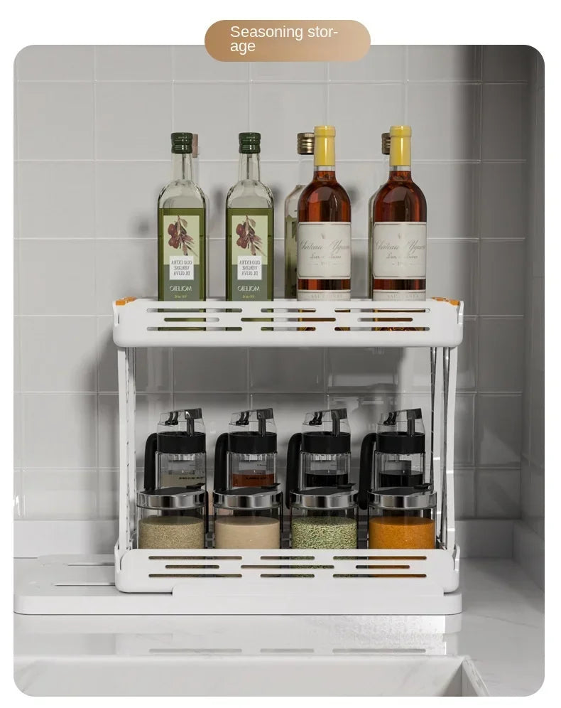 Kitchen Rotating Spice Rack 2 Tier Plastic Seasoning Spice Detachable Jar Storage Rack Pull Out Kitchen Cabinet Organiser