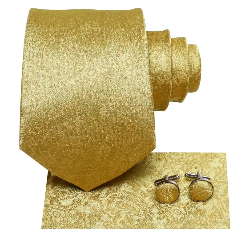 Hi-Tie Seiden-Herren-Krawatten-Set Blumenmuster Gelb Gold Krawatten und Taschentücher Manschettenknöpfe-Set Herren-Hochzeits-Party-Anzug-Mode-Halskrawatte C-3053