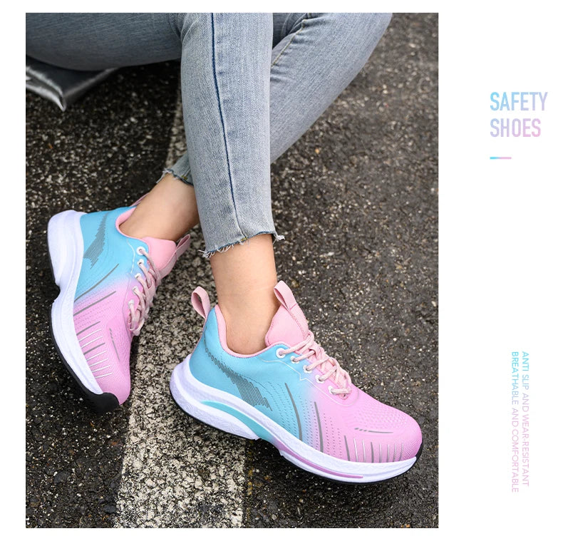Safety Shoes for Women Steel Toe Sneakers Anti-Punctur Lightweight Boots Female Pink Breathable Hiking Boots Comfortable Shoes