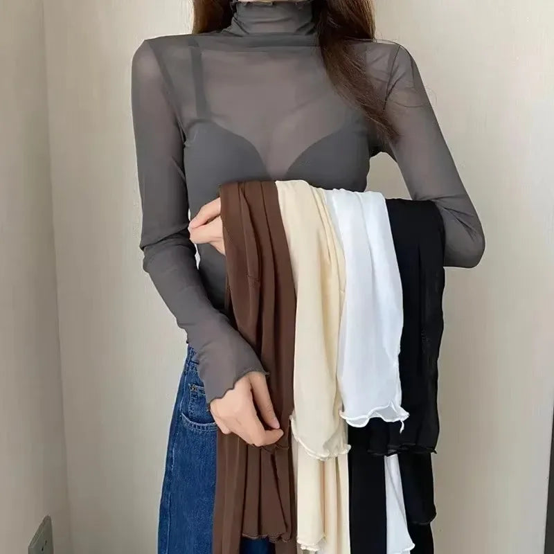 Sexy Women T Shirt See Through Transparent Tops Long Sleeve Ladies T-Shirt Pink Green Basic Top for Female Bottoming Blouses