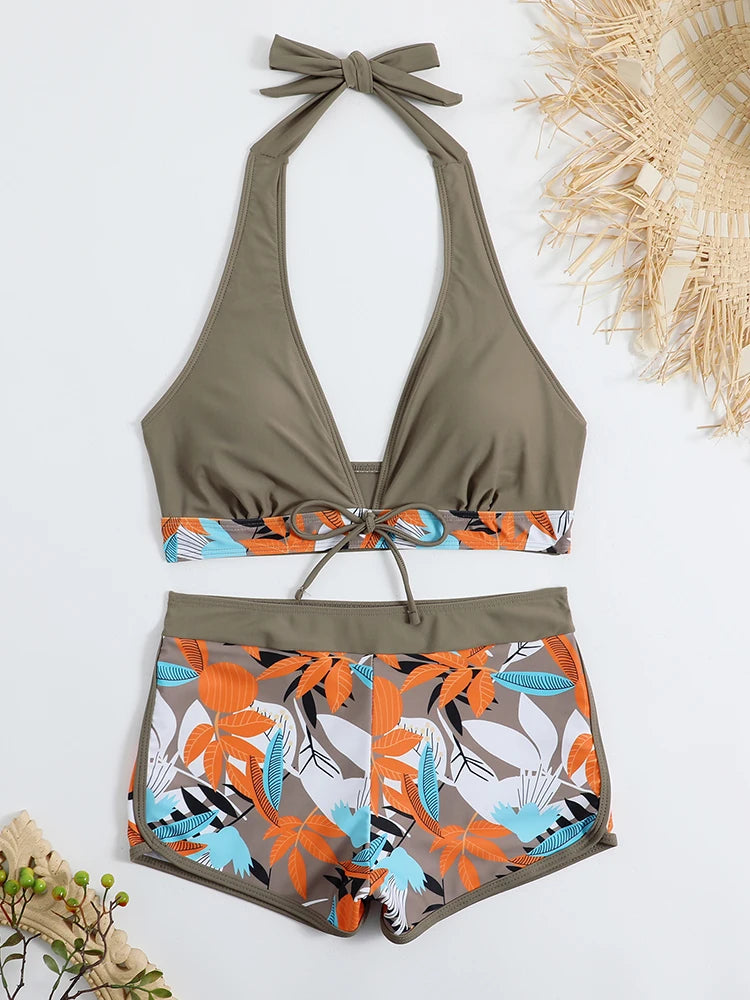 Halter Bikini Set Kurzer Schwimmanzug Frauen High Waist Bedruckte Bademode