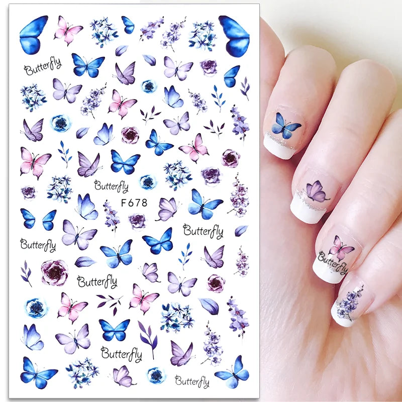 New Spring Fresh Flowers Butterfly 3D Nail Stickers Colorful Laser Butterflies Geometric Pattern Stickers Nail Decoration 1PCS