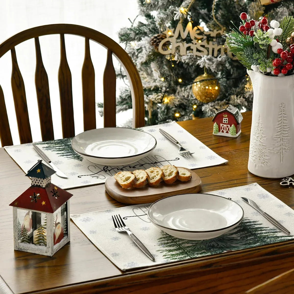 Pine Tree Snowflake Merry Christmas Placemats Seasonal Winter Xmas Table Mats for Kitchen Dining Decor