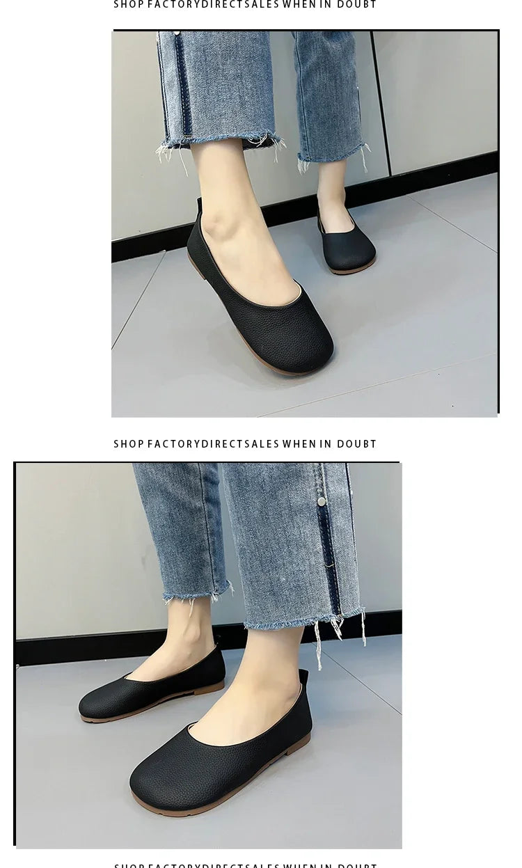 Damen Slip-on Leder Loafers 2025 - Frühling Herbst Mode Ballet Schuhe - Ladies Casual Runder Zeh Süße Flats Krankenschwester Sneakers