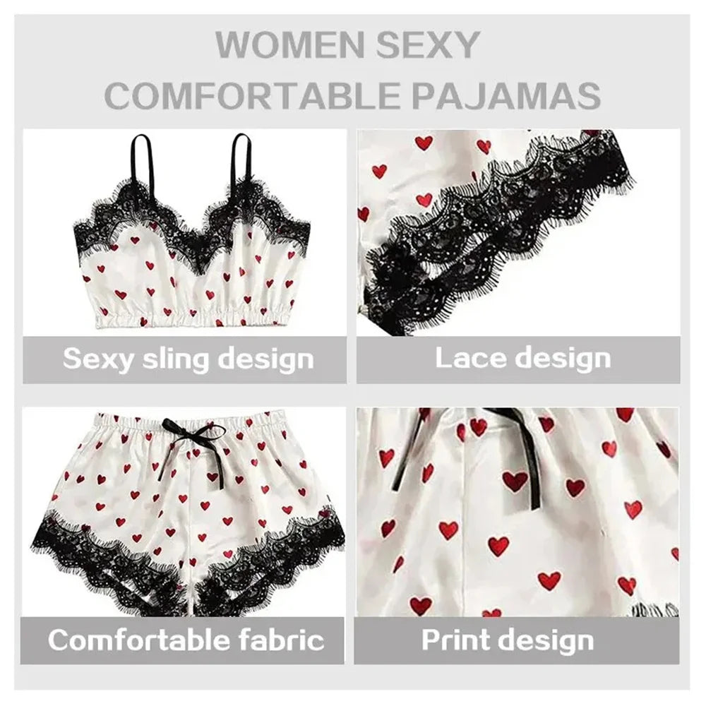 Pyjama-Set 2025: 2PCS Pajama Suit Women Fashion V-Neck Stretch Satin Lace - Sexy Lingerie Bowknot Pyjamas Sleep Shorts Set Sleepwear Sling Set New Collection