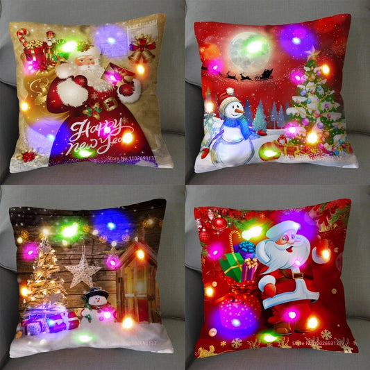 Christmas Pillowcase Decorations Home Cushion Cover LED Light 45x45cm Xmas Pillow Cover for Bedroom & Living Room Party Decor