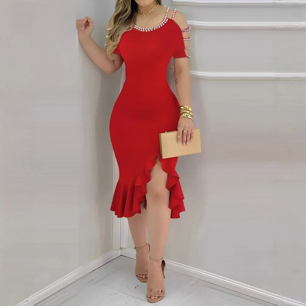 Elegante Frauen Kleid Perlen Dekoration - Schwarz S M L