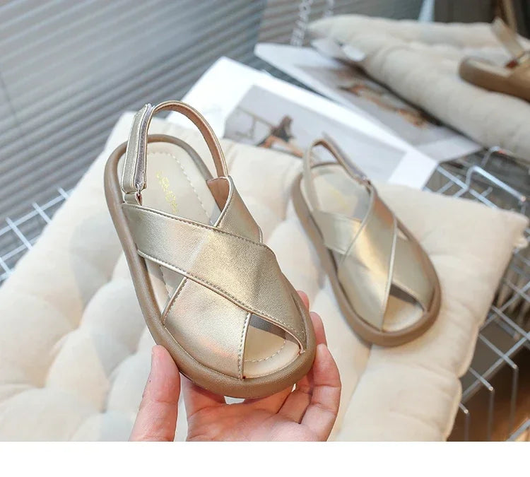 Girls Flats Solid Color Trendy Kids Sandals Hook&loop Adjustable 2025 Summer New Boys Fashion Beach Shoes Hollowed-out Chic