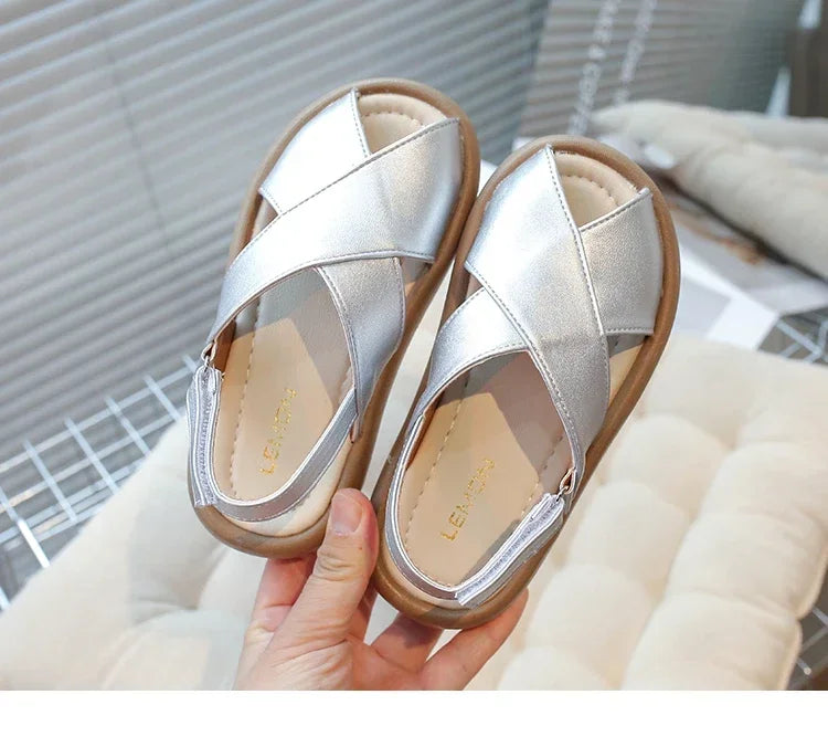 Girls Flats Solid Color Trendy Kids Sandals Hook&loop Adjustable 2025 Summer New Boys Fashion Beach Shoes Hollowed-out Chic