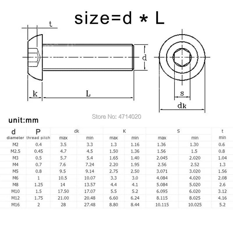 M2 M2.5 M3 M4 M5 M6 M8 M10 A2-70 304 Stainless SteelHexagon Hex Socket Head Button Allen Bolt Screw L=3 to 100mm ISO7380