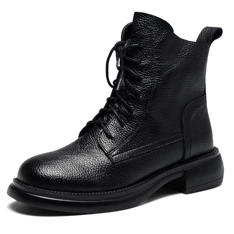 Frühling Dame Knöchel Stiefel 2025 - Echtes Kuh Leder Platform Schuhe - Frauen Winter Jugend Mädchen Weiche Sohle Dicke Absatz Ritter Schnee Stiefel