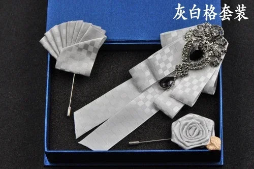 Fashion Handmade Bow Tie Wedding Collar Luxury Rhinestone Bowtie Necktie Brooch Pocket Towel Square Set Gift for Men Accessories