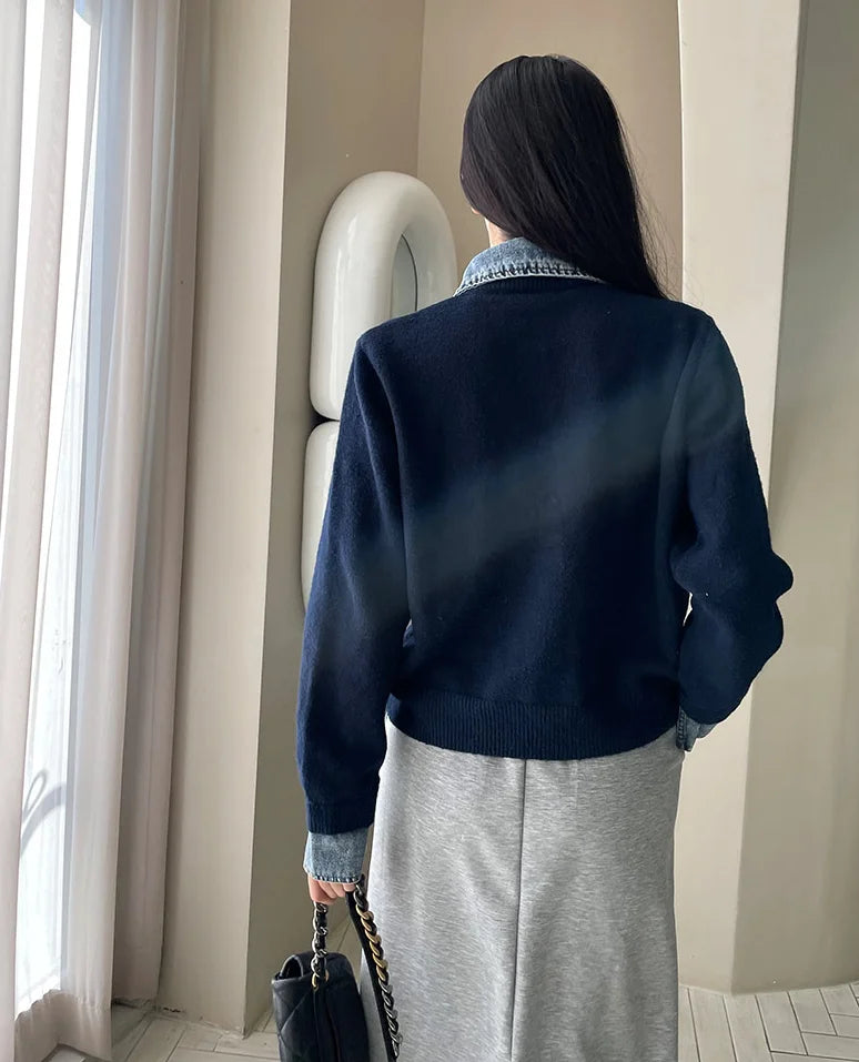 BigLargiCN Strickcardigan Herbst Denim Patchwork Damen Korean Stil - Gewicht 120–220 g/m² Länge Regular Lockere Passform