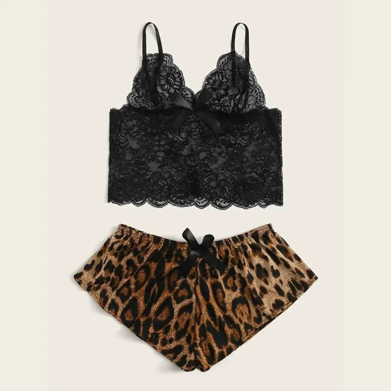 Pyjama-Set 2025: 2025 Women's New Pajamas 2pcs Sexy Lace Hollowed Out Camisole - Undershirt Leopard Print Shorts Fashion Home Cute Casual Sets Collection