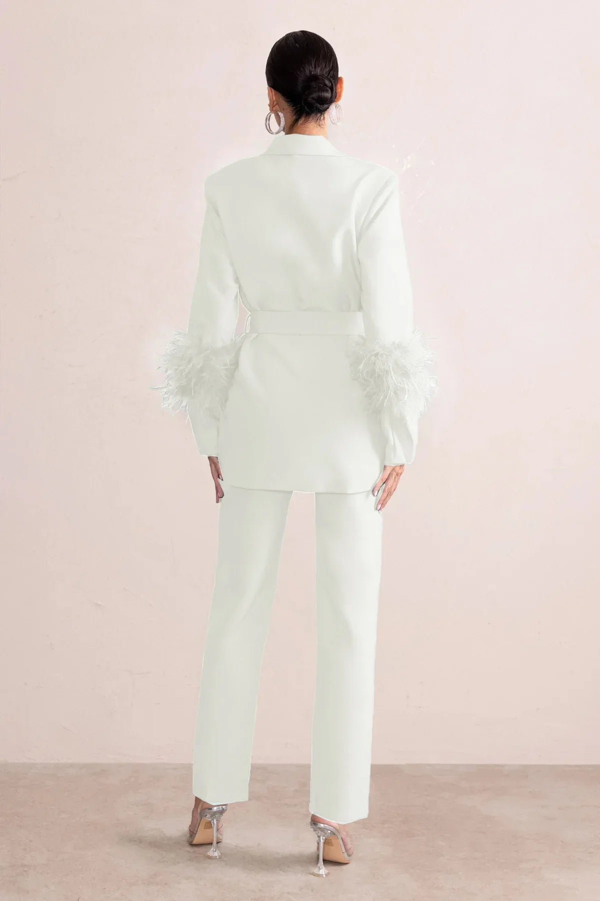 Elegant Women 2 Piece Set Solid Notched Neck Blazer Zipper Long Pants Feather Upright Coat Ladies Suit Fall Winter Office Wear