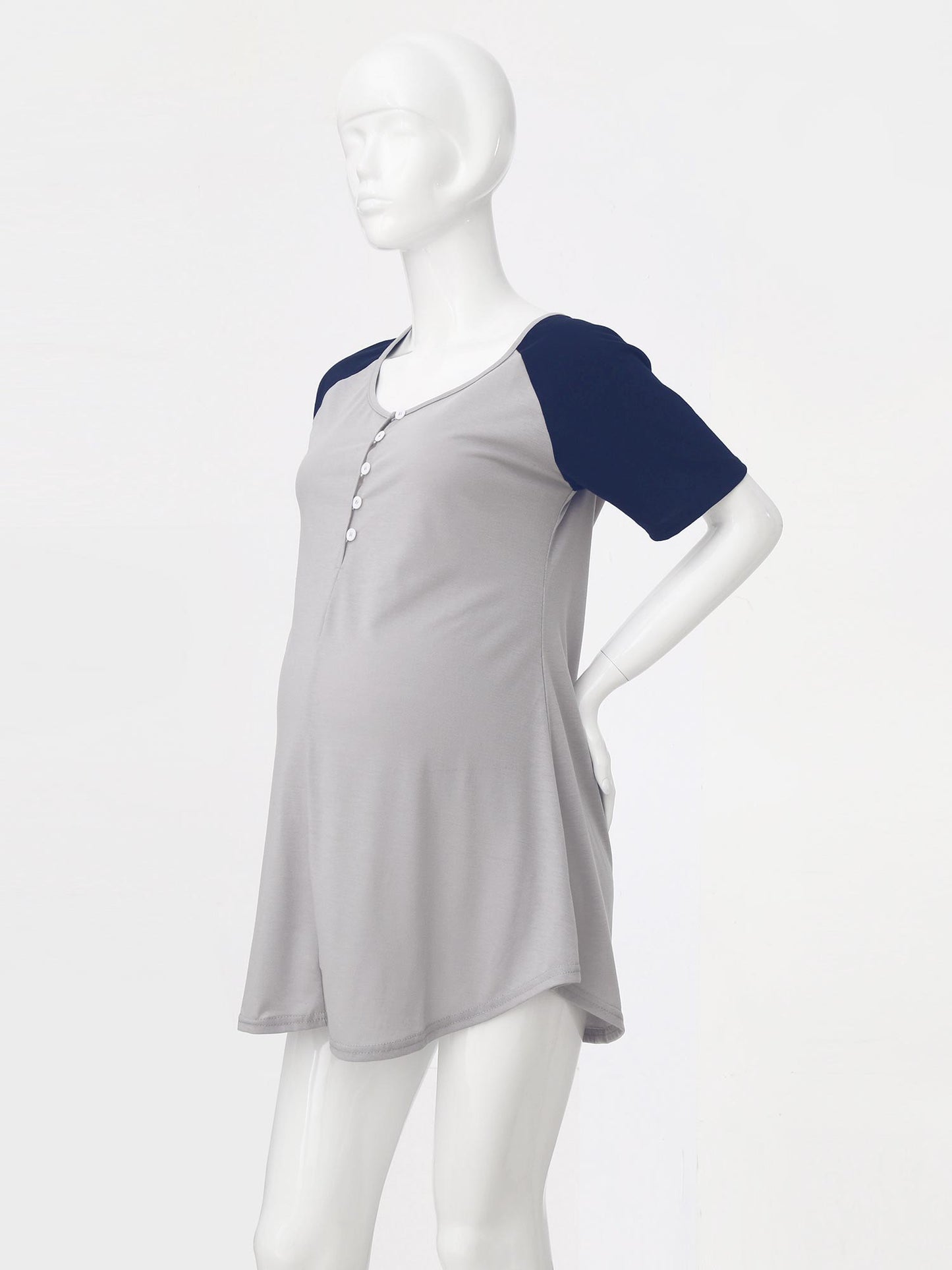 Schwangere Frauen Kurz Ärmel Casual Kleid 2025 - Rund Hals Knopf Verschluss Patchwork - Locker Stillen Kleider Mutterschaft Kostüm