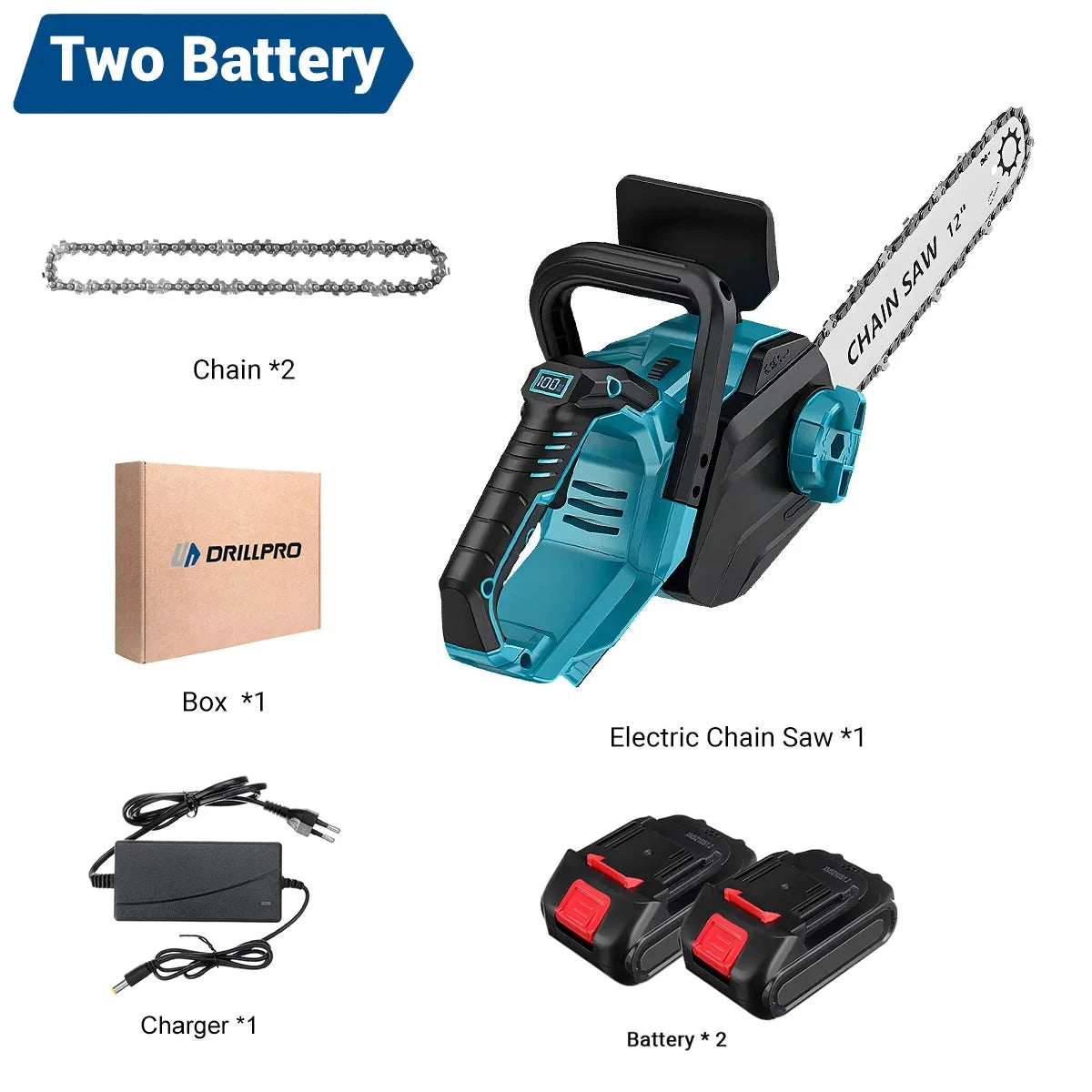 DRILLPRO Akku-Kettensäge Bürstenlos - 12-Zoll, 1200 W, 2.5 Ah by Golden Bridge Store