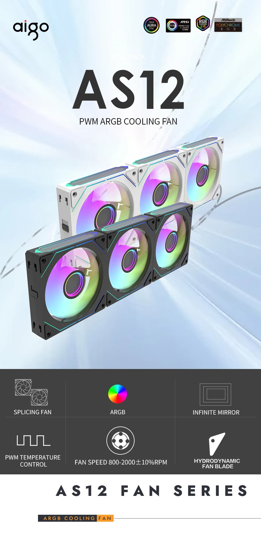 Aigo AS12 ARGB Lüfter - 120mm 800-2000RPM 4.2W PC Kühlung