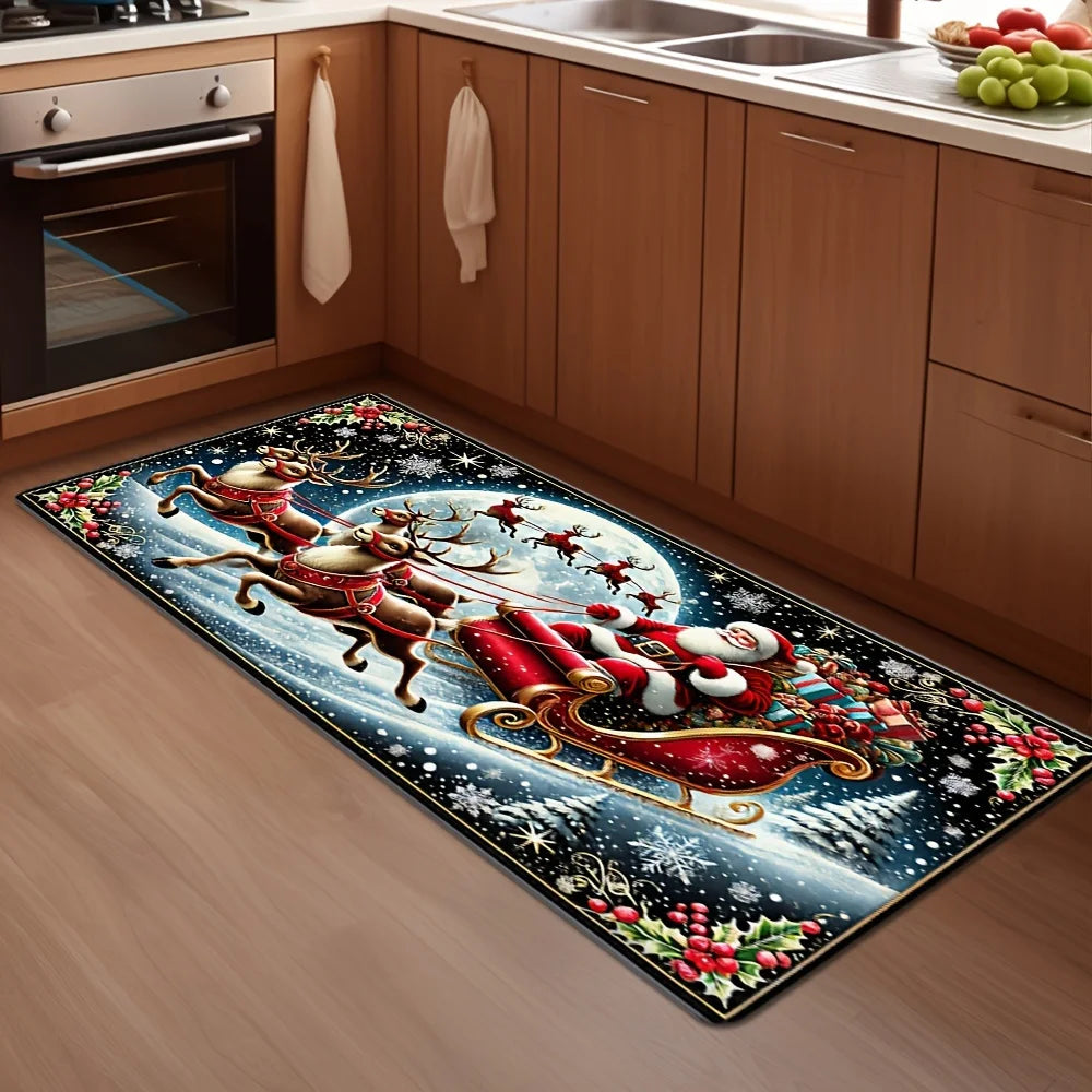 1PC Christmas Decorations Santa Claus and Reindeer Mat Mat Suitable for Home Entrance, Kitchen, Living Room, Bedroom