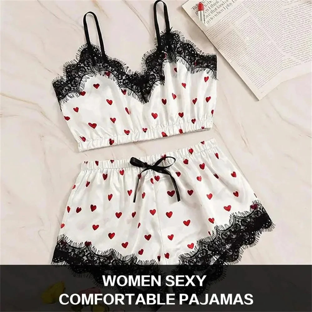 Pyjama-Set 2025: 2PCS Pajama Suit Women Fashion V-Neck Stretch Satin Lace - Sexy Lingerie Bowknot Pyjamas Sleep Shorts Set Sleepwear Sling Set New Collection