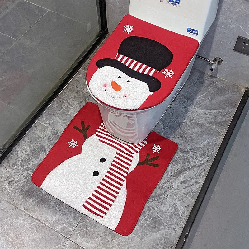 Creative Santa Claus Snowman Toilet Covers Cartoon Toilet Mat Toilet Seat Lid Cover Floor Carpet Set Christmas Decoration