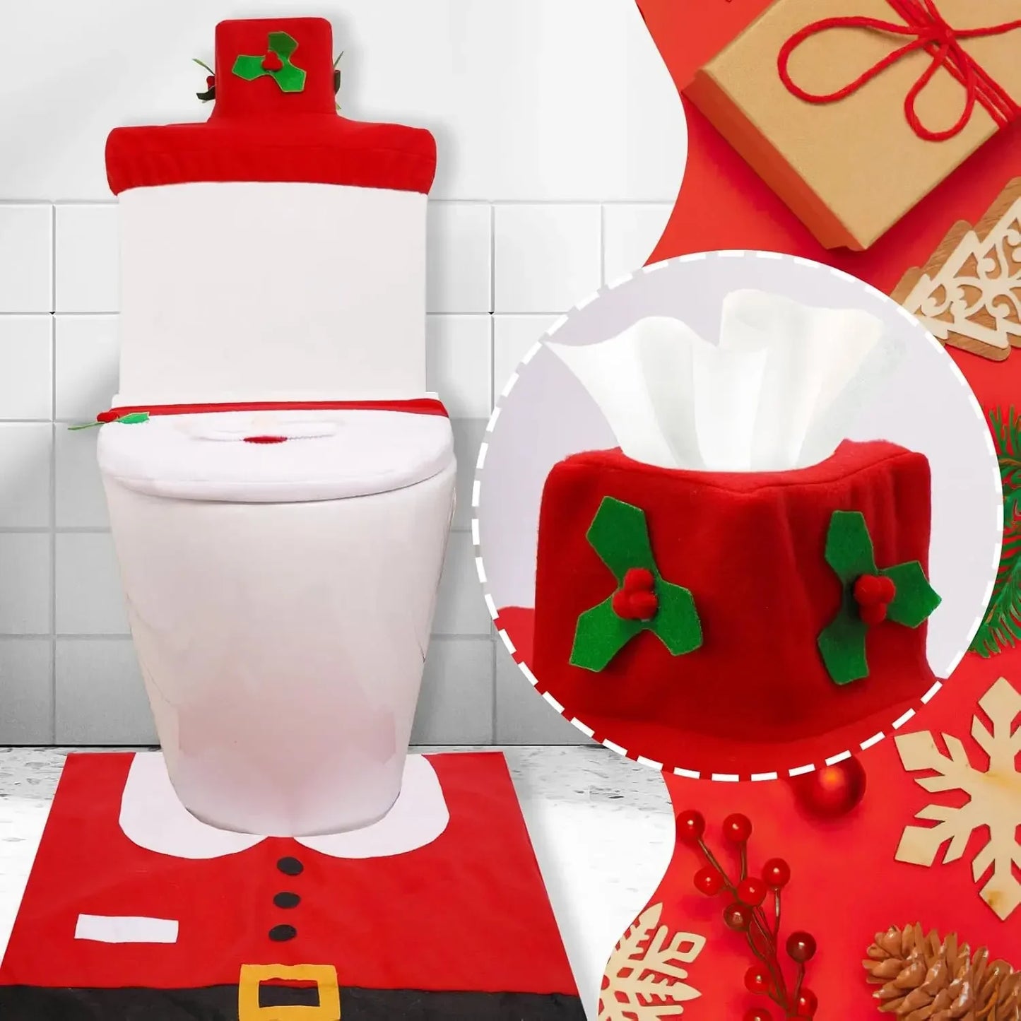 1-5Sets Christmas Toilet Seat Cover Santa Claus Bathroom Decor Set with Toilet Lid Mat and Tank Cover for Holiday Home Decor