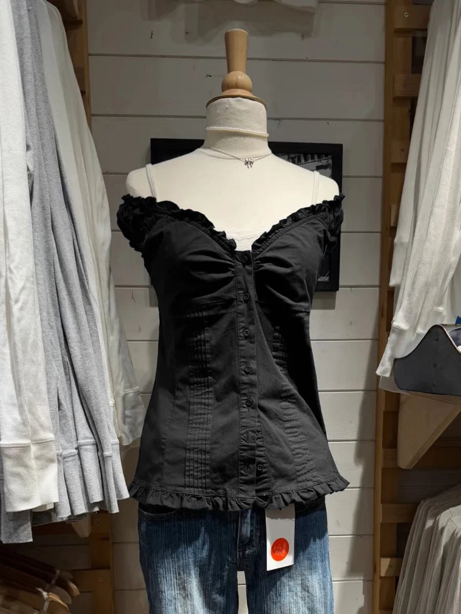 Blue Plaid Ruffles T-shirt Women Summer Folds V-neck Single Breasted Short Sleeve Tee Shirts Sweet Girls Cotton Slim Crop Top