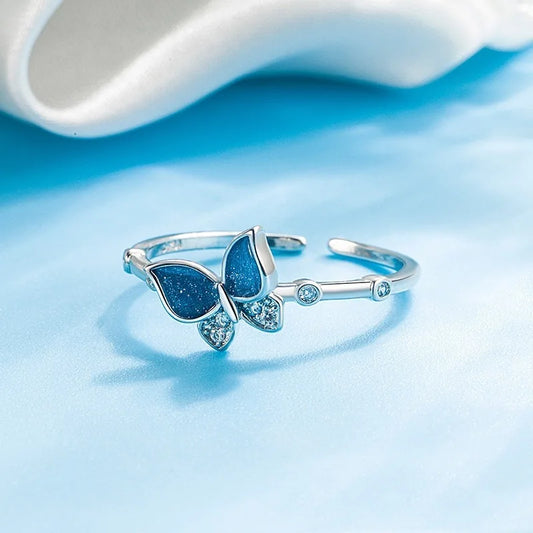 GaaBou Schmuck Schmetterling Ring - 925 Silber Blau Zirkon